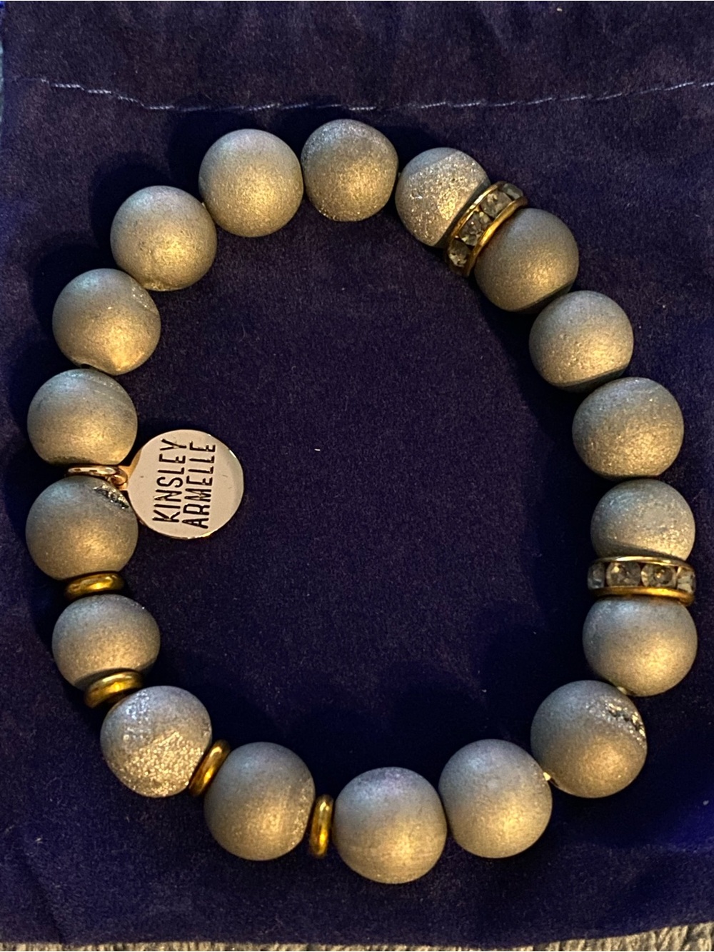 New Silver-Grey Beaded Stretch Bracelet with Gold Accents